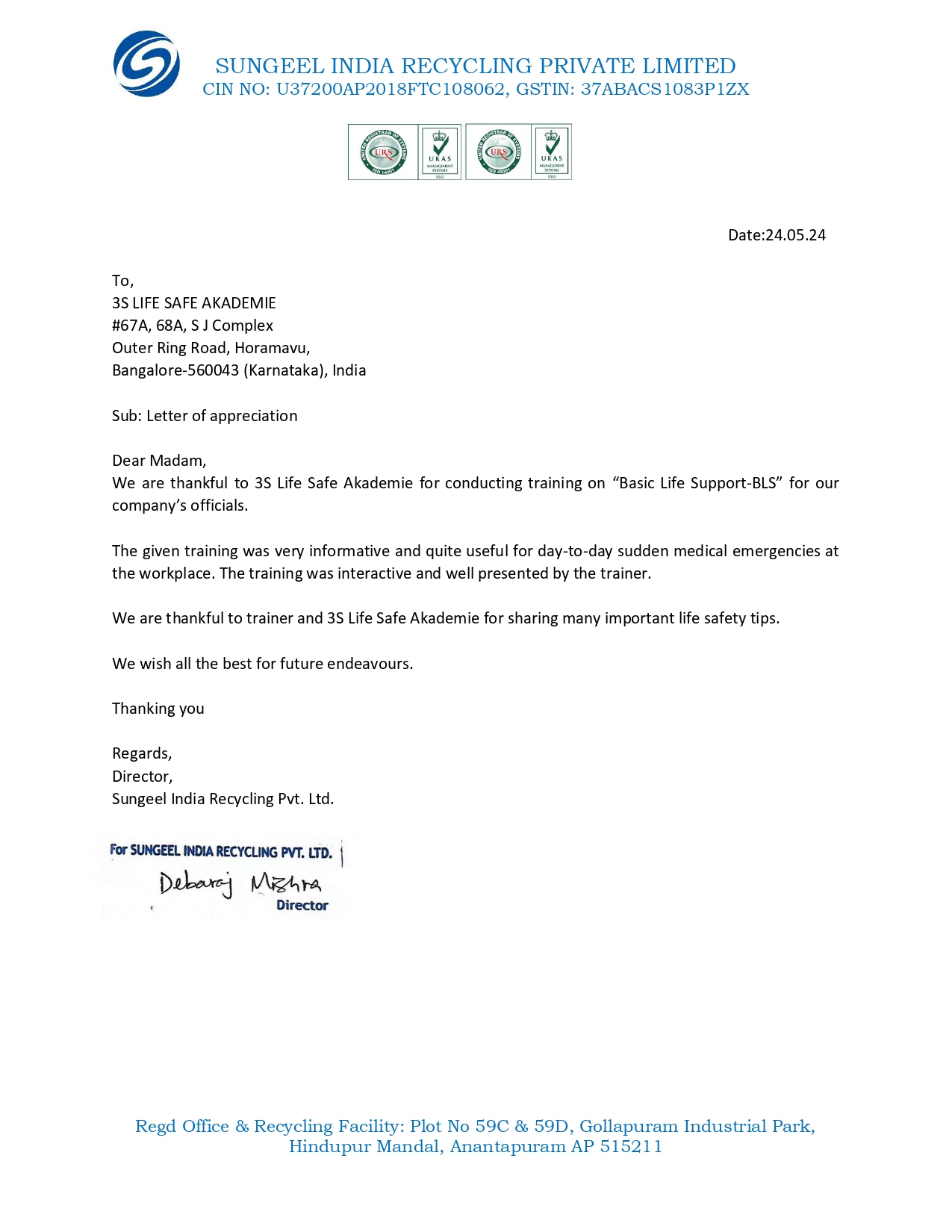 Sungeel India Appreciation Letter